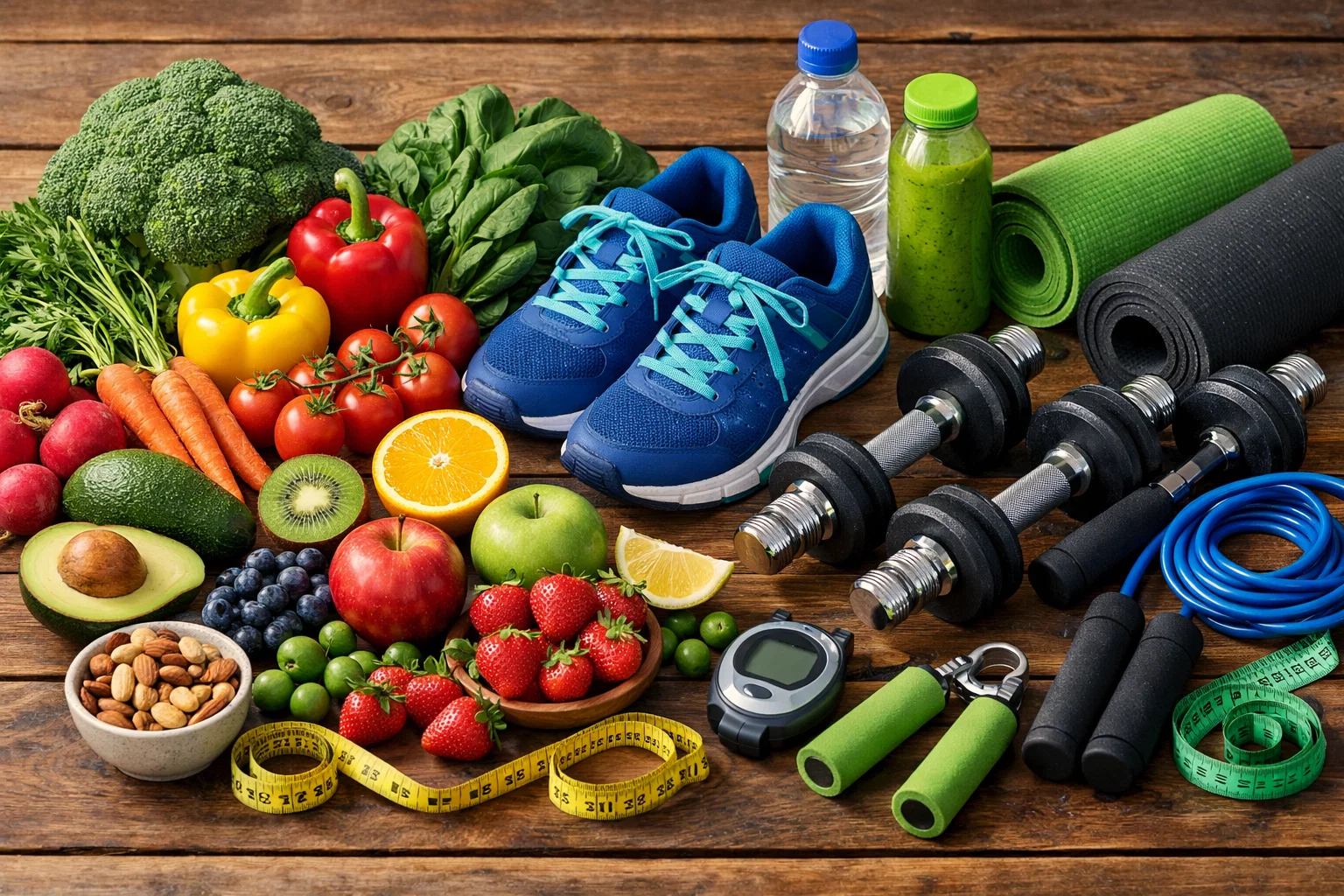 Frisches Gemüse, Obst und Sportschuhe auf einem Holztisch arrangiert